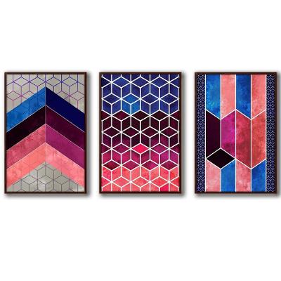 3 Quadros Decorativos Cor Rosa Moldura Madeira