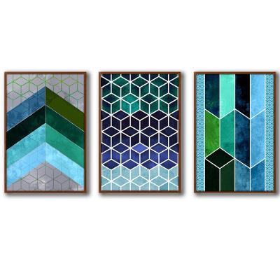 3 Quadros Decorativos Cor Azul Moldura Ocre