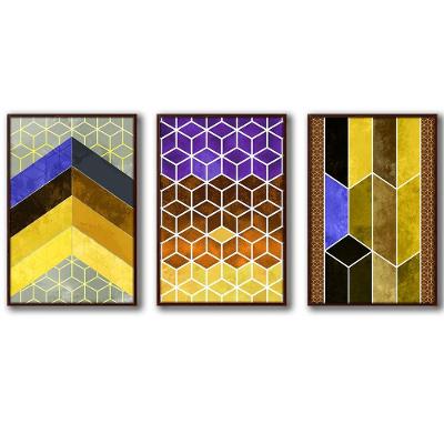 3 Quadros Decorativos Cor Amarelo Moldura Madeira