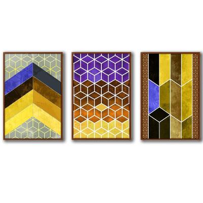 3 Quadros Decorativos Cor Amarelo Moldura Ocre