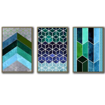 3 Quadros Decorativos Cor Azul Moldura Caqui