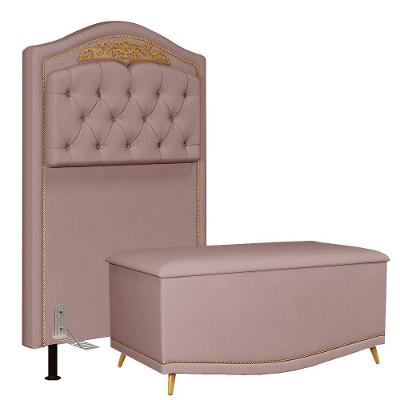 Cabeceira Cama Box Solteiro 90cm Com Calçadeira Baú Imperial J02 Suede Rosê