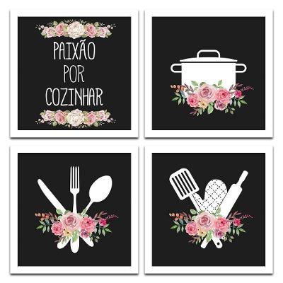 Conjunto Quadros Decorativos 4 Pçs 20x20 Paixão Por Cozinhar Titulo Moldura Branca