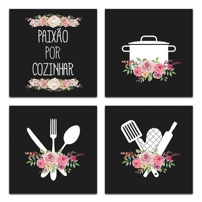 Conjunto Quadros Decorativos 4 Pçs 20x20 Paixão Por Cozinhar Titulo Moldura Preta