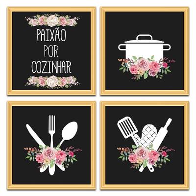 Conjunto Quadros Decorativos 4 Pçs 20x20 Paixão Por Cozinhar Titulos Moldura Marfim
