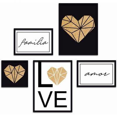 Conjunto Quadros 5 Peças Família Coração Preta