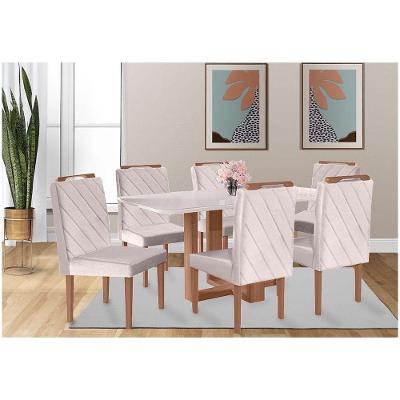 Conjunto Sala De Jantar 6 Lugares Mesa Lisy E 6 Cadeiras Em Linho Rústico Móveis Mix Mel/ Off White
