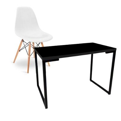 Escrivaninha Porto Preto 90cm e Cadeira Eiffel Charles Eames Branco