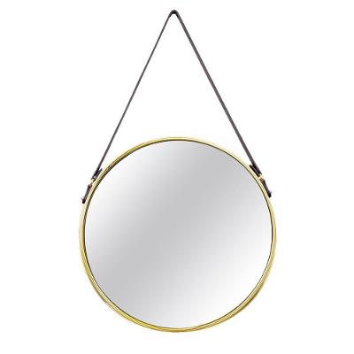 Espelho Adnet Dourado Alça De Couro Marrom 57,5x36cm