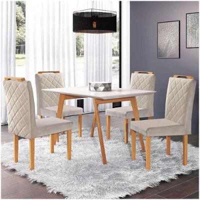 Conjunto Sala De Jantar Slim Mesa Pé Palito E 4 Cadeiras Monaco Móveis Mundial Off White E Areia