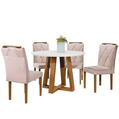 Conjunto Sala De Jantar Napole Mesa Redonda 1,2m E 4 Cadeiras - Móveis Mix Off White E Nude