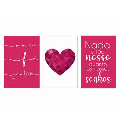 Kit Placas Quadros 3 Peças Mdf 20x30 Coração Rosa