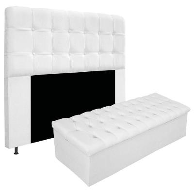 Kit Cabeceira Calçadeira Baú Estofada 140cm Casal Branco