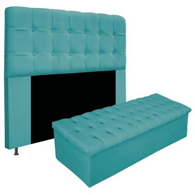 Kit Cabeceira Calçadeira Baú Estofada 140cm Casal Azul