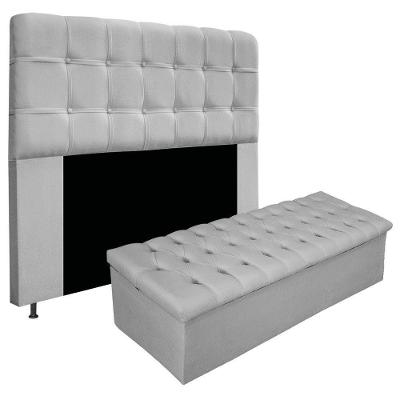 Kit Cabeceira Calçadeira Baú Estofada 140cm Casal Cinza