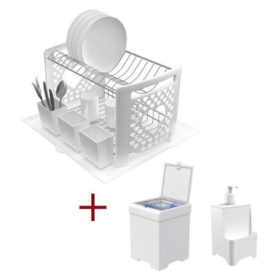 Kit Cozinha Escorredor Coração + Lixeira 5,4l + Dispenser Branco