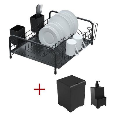 Kit Cozinha Escorredor Tubular Preto + Lixeira 5,4l+ Dispenser