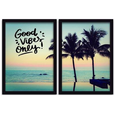 Conjunto Quadros Decorativos 2 Peças 40X60 Praia Good Vibes Titulo Moldura Preta