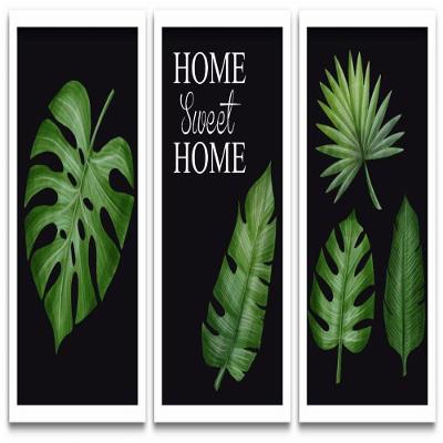 Conjunto Quadros Decorativos 3 Peças 40X60 Home Folhas Titulo Moldura Branca Fundo Preto