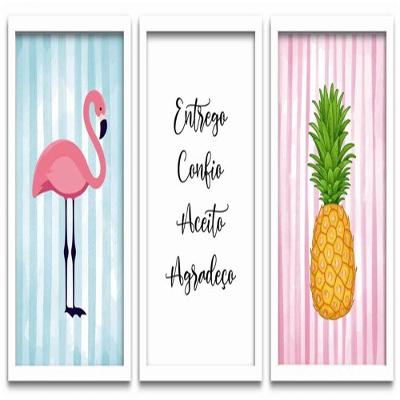 Conjunto Quadros Decorativos 3 Peças 40X60 Flamingo Abacaxi Titulo Moldura Branca