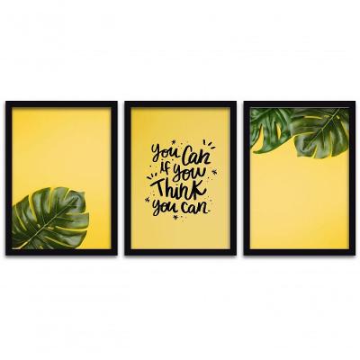 Conjunto Quadros Decorativos 3 Peças 40X60 Folhas Titulo Moldura Preta