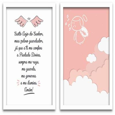 Conjunto Quadros Decorativos 2 Peças 40X60 Menina Anjo Titulo Moldura Branca