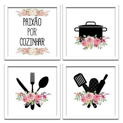 Conjunto Quadros Decorativos 4Pç 20X20 Paixão Por Cozinhar 2 Titulo Moldura Branca