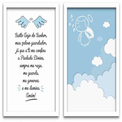 Conjunto Quadros Decorativos 2 Peças 40X60 Menino Anjo Titulo Moldura Branca