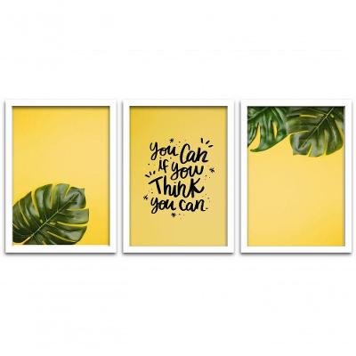 Conjunto Quadros Decorativos 3 Peças 40X60 Folhas Titulo Moldura Branca