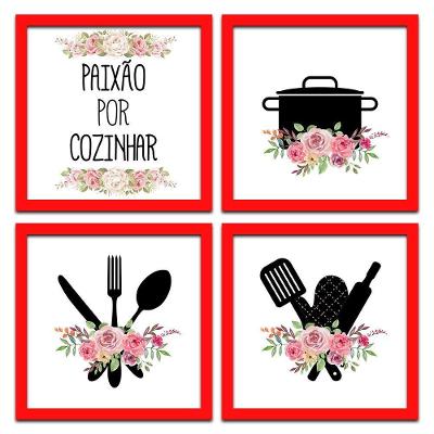 Conjunto Quadros Decorativos 4Pç 20X20 Paixão Por Cozinhar 2 Titulo Moldura Vermelha