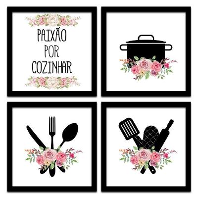Conjunto Quadros Decorativos 4Pç 20X20 Paixão Por Cozinhar 2 Titulo Moldura Preta