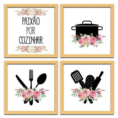 Conjunto Quadros Decorativos 4Pç 20X20 Paixão Por Cozinhar 2 Titulo Moldura Marfim