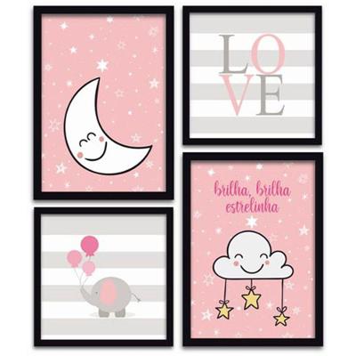 Conjunto Quadros Decorativos 4 Peças Menina Estrelinha Titulo Moldura Preta