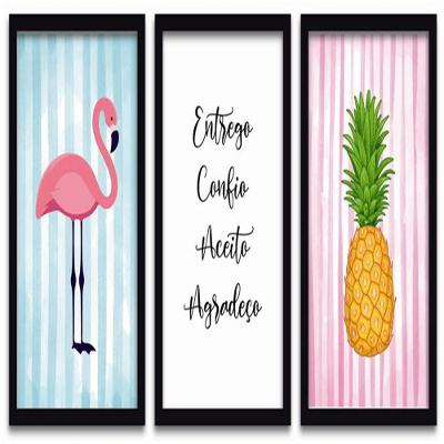 Conjunto Quadros Decorativos 3 Peças 40X60 Flamingo Abacaxi Titulo Moldura Preta