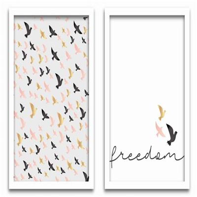 Conjunto Quadros Decorativos 2 Peças 40X60 Freedom Pássaros Titulo Moldura Branca