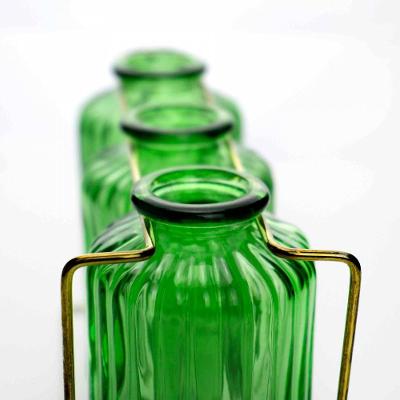 Kit Com 3 Vasos de Vidro Verde Com Suporte Dourado 13x21cm