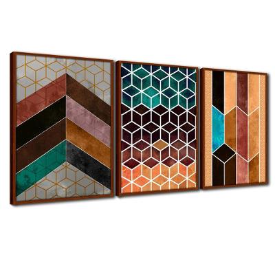 Quadros Premium Cx Alta 40x60 Chevron Marrom 3un Moldura Ocre
