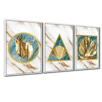 Quadros Premium Textura Cxalta Folhas Ouro Mármore 40X60 3Un Titulo Moldura Branca