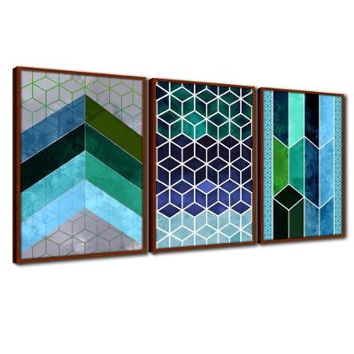Quadros Premium 40x60 Chevron Azul 3un Moldura Ocre
