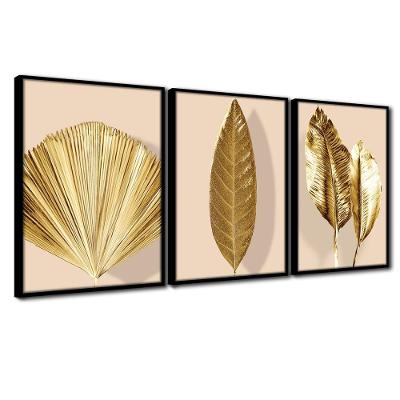 Quadro Premium Textura Cxalta Folhas Ouro Em Bege4 3Un 40X60 Titulo Moldura Preta