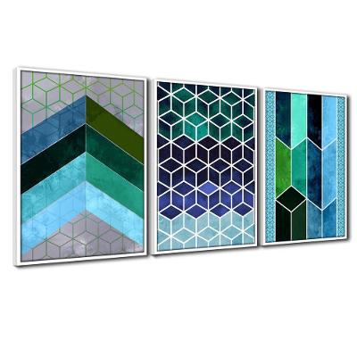 Quadros Premium 40x60 Chevron Azul 3un Moldura Branca
