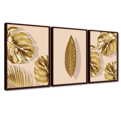 Quadro Premium Textura Cxalta Folhas Ouro Em Bege3 3Un 40X60 Titulo Moldura Madeira