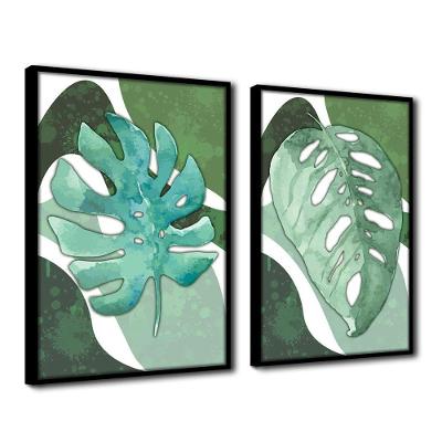 Quadro Premium Textura Cx Alta Folha Sob Verde 3 2Un 40X60  Titulo Moldura Preta