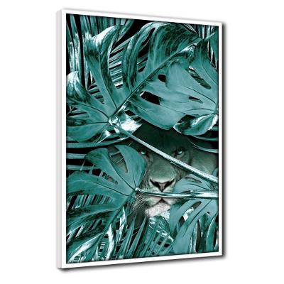 Quadro Cx Alta Leão Na Floresta Esverdeado 40x60 Moldura Branca