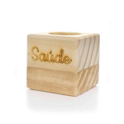 Porta Vela Quadrado Natal Saúde Madeira E Dourado 7Cm