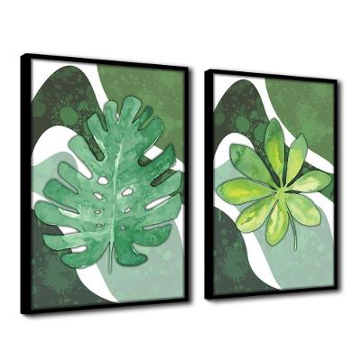 Quadro Premium Textura Cx Alta Folha Sob Verde 2 2Un 40X60  Titulo Moldura Preta