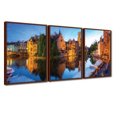 Quadros Premium Textura Cxalta Cidade Do Lago 40X60 3Un Titulo Moldura Ocre