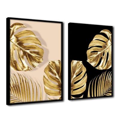 Quadro Premium Textura Cx Alta Folhas De Ouro 6 2Un 40X60 Titulo Moldura Preta