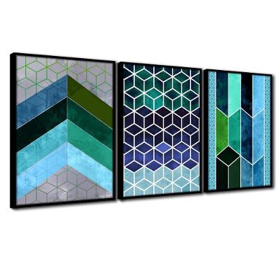Quadros Premium 40x60 Chevron Azul 3un Moldura Preta