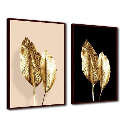 Quadro Premium Textura Cx Alta Folhas De Ouro 3 2Un 40X60  Titulo Moldura Madeira